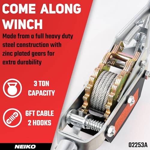 Image of NEIKO 02253A Come Along Winch, 3-Ton (6,000 Lbs) Pulling Capacity, 9.8Ft, 2 Hook, Heavy Duty Power Cable Come Along Tool with Dual Gears, Hand Winch Cable, Automotive Hoist Winch Puller, Recovery Gear
