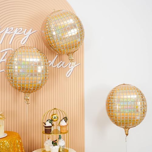 Image of 6pcs 22 Inch Gold Disco Ball Balloons, Shiny Gold Big Disco Foil Balloons