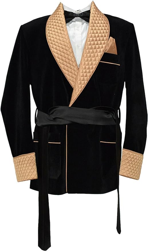 Men Smoking Black Velvet Jackets,Golden Satin Qulted Robe Dinner Jacket,Smoking House Party Coat