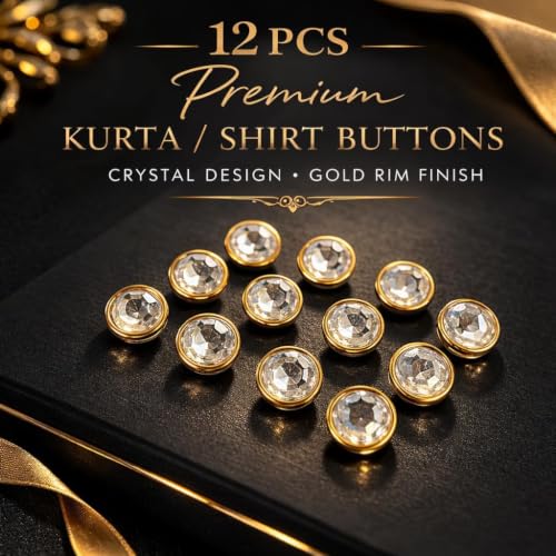 Image of Crystal Rhinestone Buttons (Size-18L) for Sewing & Craft | Gold Rim Designer Button for Blouse, Kurti, Dresses, DIY Craft & Decorations | Pack of 12 | Shiny Diamond Cut for Women's Clothing