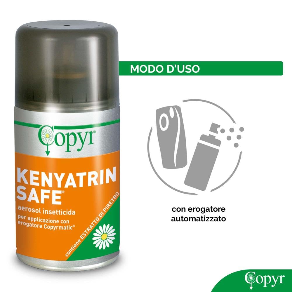 Copyr Kenyatrin Safe e Copyrmatic Evolution Night & Day - Insetticida Antizanzare, Mosche e Insetti Volanti, 6 Bombole 250ml + Erogatore Automatico, Piretro Insetticida Biologico e Repellente Zanzare