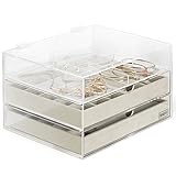 Beautify Stackable Jewelry Organizer Trays Set of 3 Muti-use Jewelry Storage Holder for Earrings, Bracelets, Necklaces & Rings White Leather Display Case 21 Slot for Drawer or Dresser