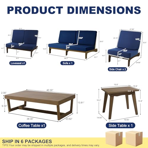 Image of Pia Ricoo 6-Piece Patio Furniture Set, Outdoor Wood Sofa with Loveseat, 2 Chairs, Coffee Table & Side Table, All-Weather Conversation Set for Backyard /Deck /Lawn - Navy