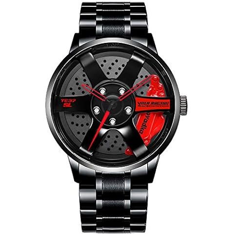 iCyber Watches for Men - Waterproof Stainless Steel Japanese Quartz Wrist Watch Sports Men’s Watches with Car Wheel Rim Hub Watch (Red) Cover