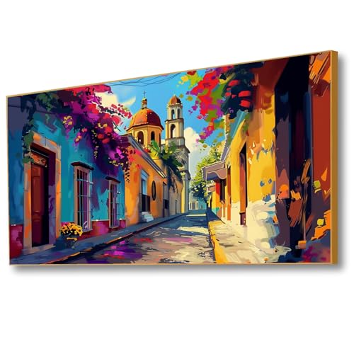 Mexican Village Painting - Colorful Wall Art, Large Abstract for