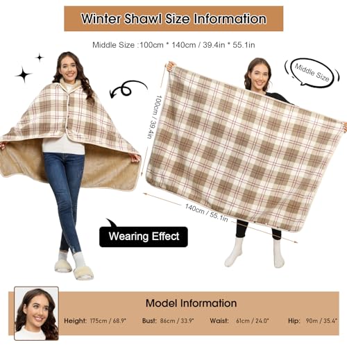 Vijamiy Poncho Damen Winter Wärme, Fleece Poncho Thermo-Strickjacke Cape,Mit Metallschließe Flanell Rollstuhldecke Warmhalten Decke Damen im Winter(Khaki,M)