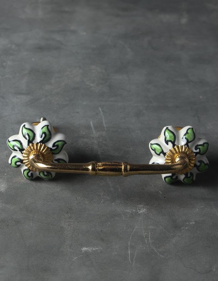 NEERJA Floral White Royal Ceramic Door Pull Handle with Green Leaves(Brass, 4 Inch) (B0CJCB8KG7) Amazon Price History, Amazon Price Tracker