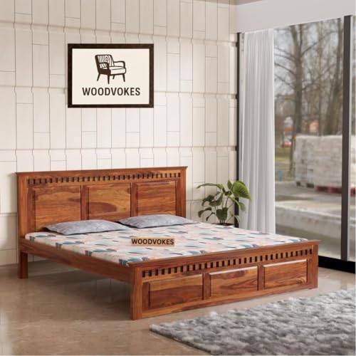 Image of Sheesham Wood King Size Bed Without Storage Solid Wooden Cot Bed Elegant and Functional Bedroom Living Room Home (Honey, King)