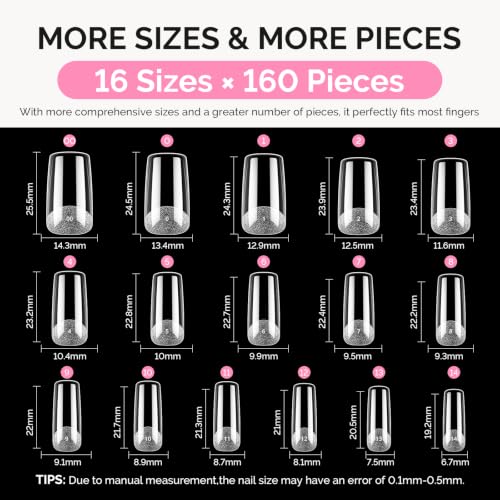 Image of MelodySusie Medium Square X Nail Tips - 16 Sizes 160 Pcs | Pre-Shaped Soft Gel,Half Matte Full Cover Clear Acrylic Press on Nails for DIY Extension&Salon,Long-Lasting Manicure