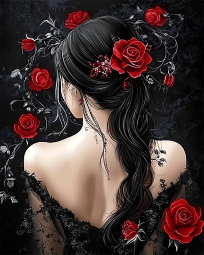 Kit de broderie de perles fille et roses rouges motif pré-imprimé 50x60cm DIY