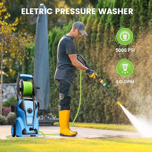 Electric Pressure Washer Adjustable 5000PSI 4.0 GPM High Power Washers with 33ft Hose Reel, 4 Nozzle and Foam Cannon, Power Washers Machine for Home, Cars, Patio (Navy Blue) - Image 2