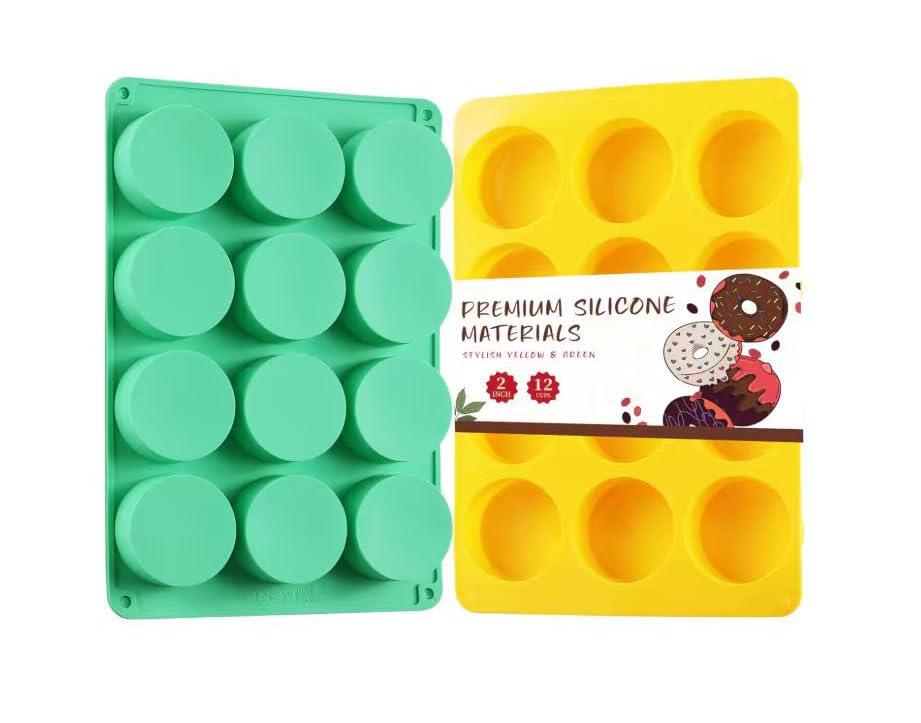 2PCS Molds Silicone HIA Round 12-Cavity Chocolate Cookie Candy Silicone Mold Baking Molds for Chocolate Cookie Candy Mini Cake Jelly (Yellow+ Green)