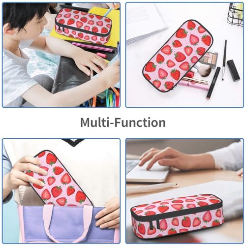 Image of Pink Strawberry Girly Fruit Pencil Case Big Capacity Storage Pencil Pouch Stationery Bags With Zipper Portable Pen Holder Box Organizer For Boys Student College School Office Supplies