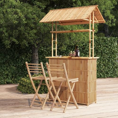 Homgoday Bar en bambou extérieur pliable avec toit protecteur - Ensemble de 2 chaises et comptoir 215 cm