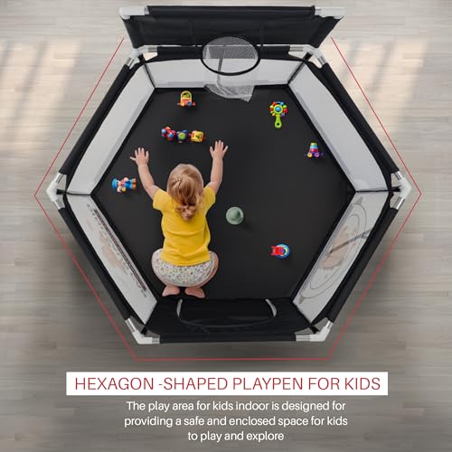 Image of Baybee Neo Plus Kids Playpen for Babies | Baby Activity Playards with Basket Ball Hoop, Zipper Door & Corner Protection | Baby Play Area Indoor Setup with Hexagon shape for Extra Space | Outdoor Play Pen for Baby up to 5 Years (Black)