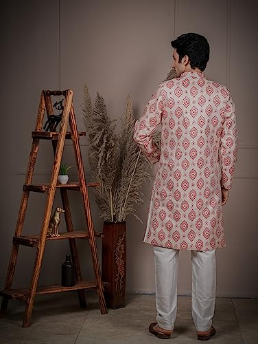 Image of Amzira Men's Soft Cotton Indo Western Kurta Pyjama Set with Mandarin Collared Neck Long Sleeves Button Closure and Solid Pant
