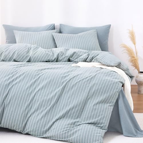 Image of Wake In Cloud - Striped Cotton Duvet Cover Set, Ticking Stripe Vertical Pinstripe Farmhouse, 100% Washed Cotton Textured Bedding Set, 3 Pieces, Blue, Twin /Twin XL Size