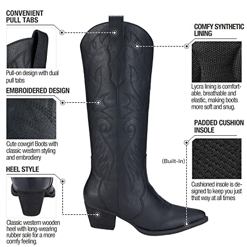 Image of Rollda Cowboy Boots for Women Cowgirl Boots Embroidered Knee-High Western Boots Pointy Toe with Chunky Heel