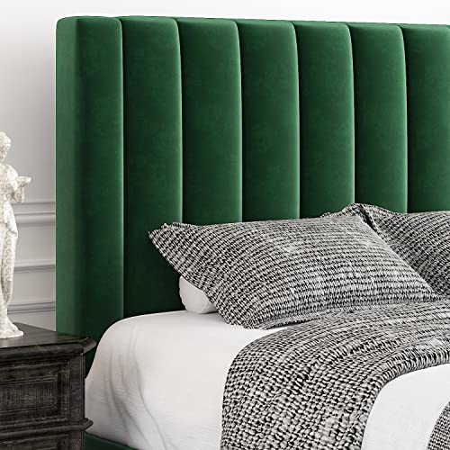 Image of Allewie Queen Bed Frame /Velvet Upholstered Bed Frame with Vertical Channel Tufted Headboard /Strong Wooden Slats /Platform Bed Frame /Mattress Foundation /Box Spring Optional /Easy Assembly /Green