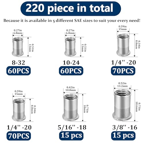 Image of SAE Rivet Nut Assortment Kit(220 Pcs),#8-32#10-24 1 /4 inch-20 5 /16 inch-18 3 /8 inch-16 304 Stainless Steel Flat Head Rivnut Set,Rivnut Threaded Insert Nut