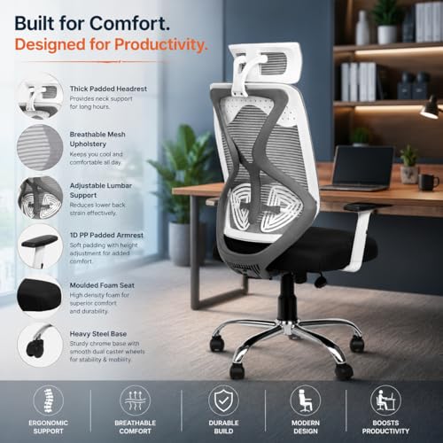 Image of HIGHLIVING Ergonomic Office Chair with Adjustable Headrest & Lumbar Support | Synchro Tilt 135 | Breathable Mesh Back | Height Adjustable Armrest | Class 4 Gas Lift | Heavy Duty Metal Base