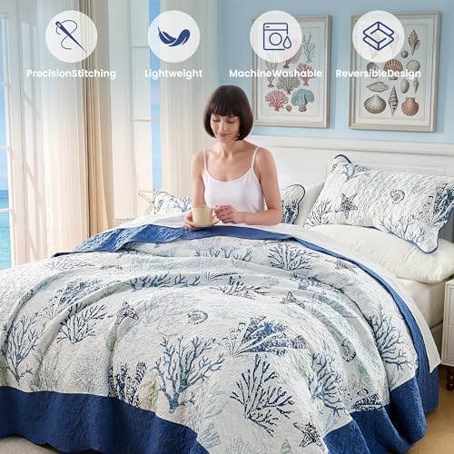 Qucover Coastal California King Quilt 118"x106", Ocean Beach Themed Bedding Set with Pillowcase, Soft Lightweight Reversible Microfiber Nautical Coverlet, Oversized King Bedspread for Summer,Navy Blue by Qucover - Used condition - Image 3