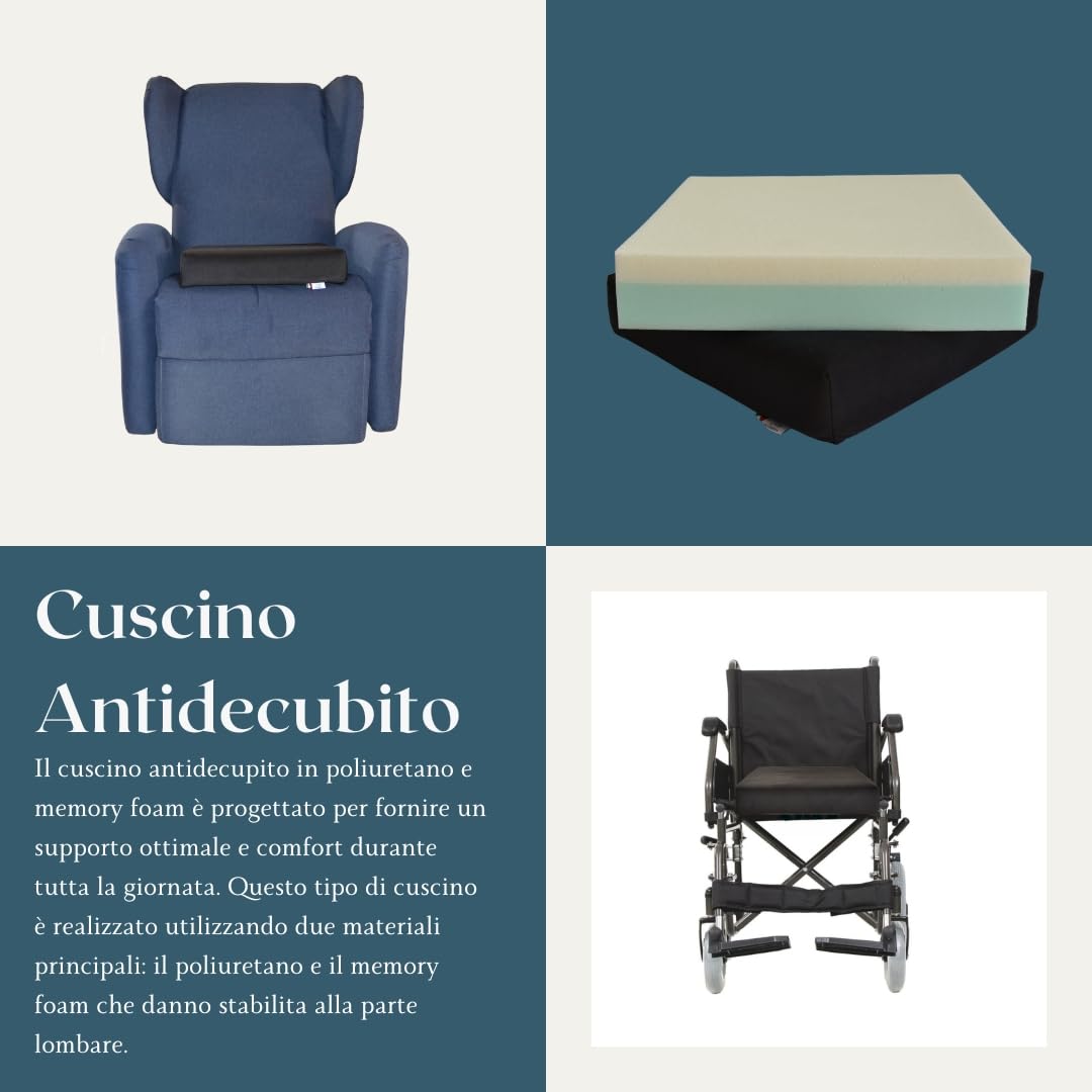 GM Cuscino antidecubito per sedia a rotelle 42x42x8 cm cuscino antidecubito per sedia in Memory foam e poliuretano cuscino carrozzina poltrona per anziani Made in Italy (Nero)
