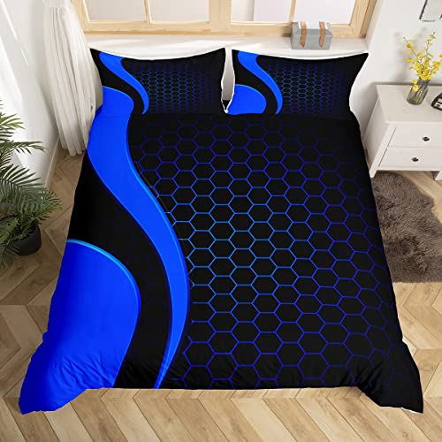 Feelyou Geometry Bedding Set Geometry Honeycomb Comforter Cover For Kids Boys Girls Teens Hexagonal Geometrical Blue Black Duvet Cover Breathable Beehive Bedspread Cover Room Decor Quilt Cover Full Size cover