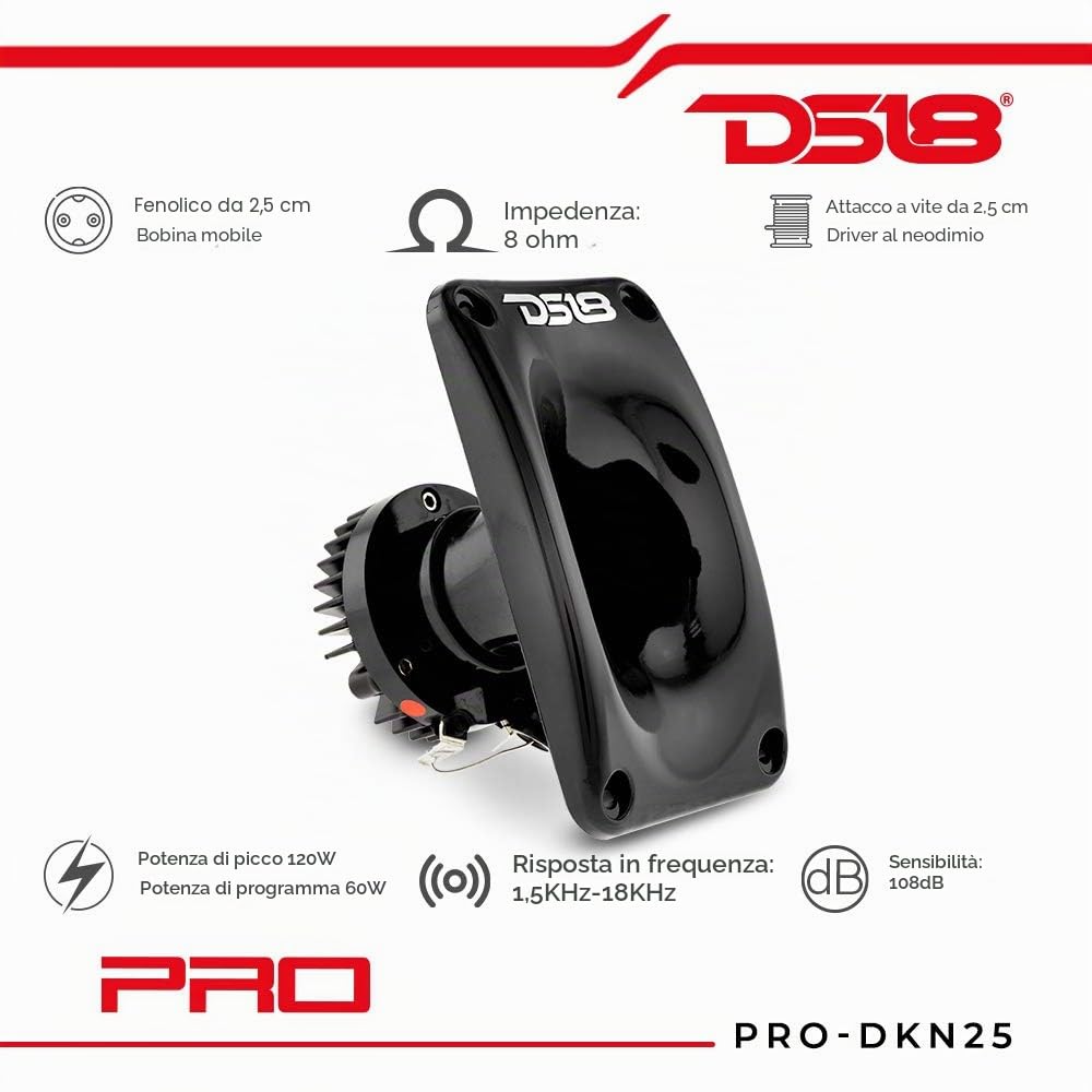 DS18 PRO-DKN25 - Driver al neodimio con tromba in alluminio, potenza massima 120 W, 60 W RMS, 8 ohm, bobina mobile da 1 pollice, diaframma in felonico, qualità straordinaria (singolo)