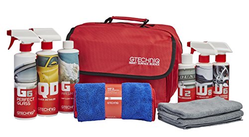 Gtechniq Essential Maintenance Kit - Includes GWash, Quick Detailer, Tyre Dressing, Zero Scratch Microfiber Drying Towel, ZeroR Buff Cloth, Bug Remover, Fallout Remover, Perfect Glass Branded Kit Bag