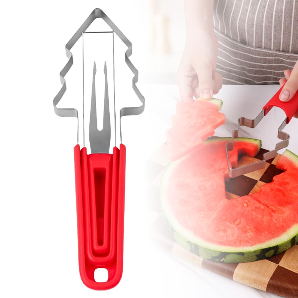 3-in-1 Watermelon Fork Slicer Cutter, 2025 New Stainless Steel Watermelon Fork Slicer, Portable Watermelon Slicers Cutter Tool for Home Party Camping Kitchen Gadget (1, Red)