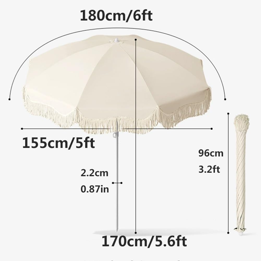 Parasol Ogrodowy Boho z Frędzlami, 180 cm Przenośny Parasol Przeciwsłoneczny z Filtrem UPF 50+ Idealny na Basen, Piknik i Kemping(Pink)