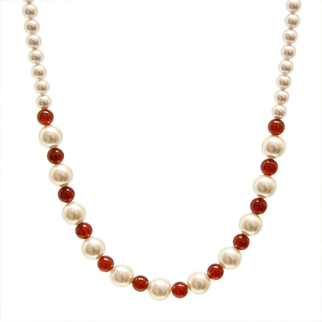 Hessonite Garnet Gemstone Necklace - White Crystal Pearls, Sterling Silver, 16-in