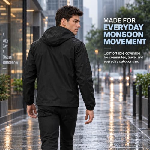 Image of MIA FASHION Men's Hooded Waterproof Rain Jacket Lightweight Wind Resistant Jacket with Zipper Pockets for Bike Riding, Travel & Outdoor Use