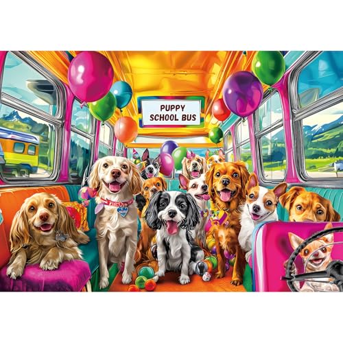 Puppy School Bus Party 500 Piece Puzzle for Adults with Letters on Back