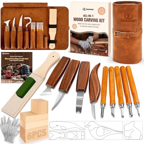 KERNOWO Woodworking PU Case Set Wood Carving Kit with Deluxe PU Leather Case Basswood Blocks for DIY Beginners and and Enthusiasts Gift Idea (25PCS)