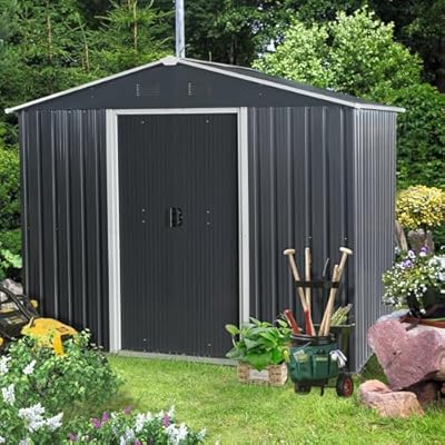 YOPTO 8x6 FT Outdoor Storage Shed,Metal Shed with Floor,Garden Shed W/Air Vent & Lockable Sliding Door,All Weather Waterproof Tool House W/Sloped Roof,for Patio,Yard,Lawn,Black