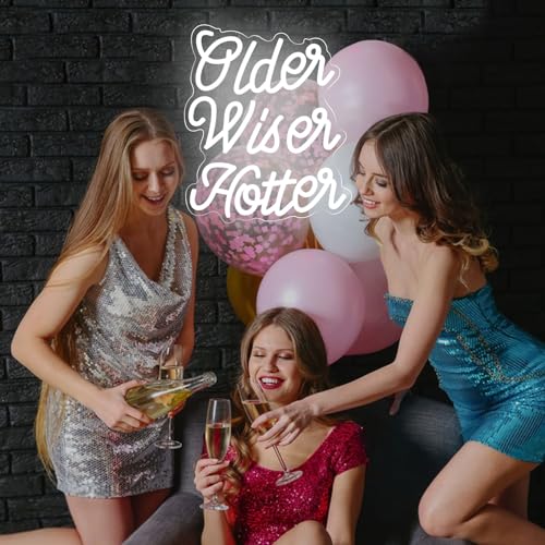 Image of White Older Wiser Hotter Neon Sign Happy Birthday Funny Neon Light for Men Women Birthday Party Decorations Backdrop Lights Sign Birthday Gift