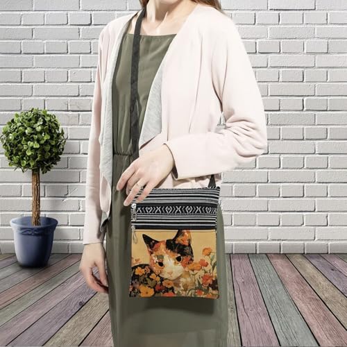 Floral Cat Messenger Bag Small Ethnic Pattern Printed Adjustable Strap Crossbody Zipper Bag Floral Cat Phone Bag Wallet Cute Shoulder Handbag for Women3