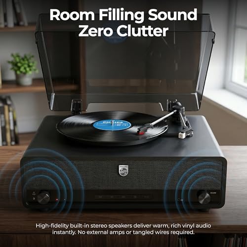 Image of Philips Record Player, All-in-One Bluetooth Turntable with Built-in Speakers, 3-Speed Belt-Drive Vinyl Record Player, Audio-Technica Stylus, Wireless Streaming in & Out, RCA /AUX /Headphone, Auto-Stop