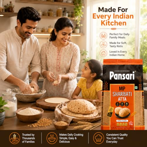 Image of Pansari 100% Natural MP Sharbati Wheat Atta 5 kg | Whole Wheat Flour | Freshly Milled | No Mixture | High Fiber | No Preservatives | Stone-Ground for Authentic Taste | 5Kg Pack