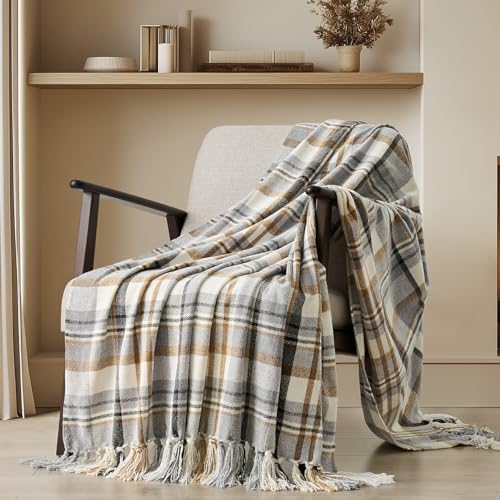 EverGrace Plaid Chenille Throw Blanket for Couch Super Soft Cozy Decorative Farmhouse Plaid Throw with Tassels Lightweight Chenille Knit Throw for Bed Sofa Gift Home Decor Grey & Beige 50x60