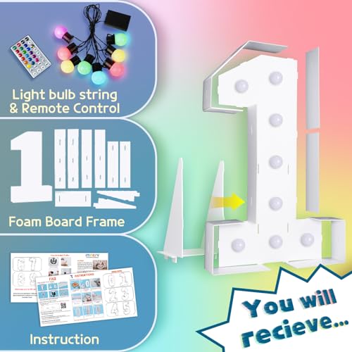 Image of Imprsv Colorful 3FT Marquee Numbers 1, 18 Colors Large Light up Numbers | RGB with Remote, Birthday Party Decorations Anniversary Wedding Decorations Assembly Required 19 Pcs Accessory Set