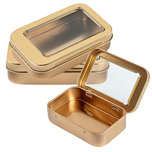 Restaurantware-Chef 101 4.5 Ounce Rectangular Tin Containers, 10 Durable Tin Boxes With Lids - Clear Window Lids, Rounded Edges, Gold Storage Containers, Customizable, Fits Mints, Or Pills