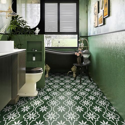MORCART Peel and Stick Floor Tile, Vinyl Flooring Waterproof, DIY Flooring for Bathroom, Kitchen, Fireplace, Pet House, Stairs, Bedrooms, Wall (20PCS,7.87" x 7.87",FT1688 Dark Green+White) by MORCART - Used condition - Image 4
