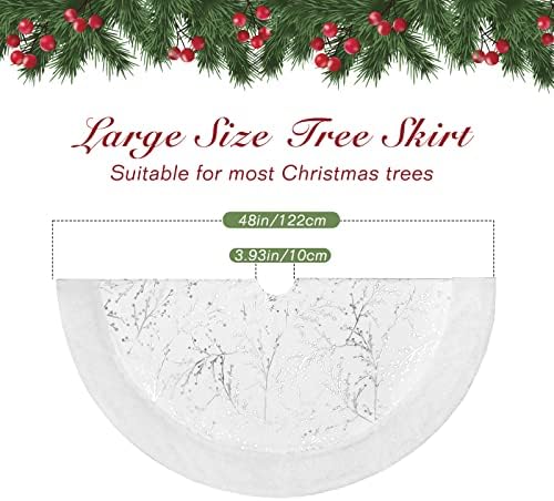 Lewondr 48 Inch Christmas Tree Skirt, White Plush Hot Stamping Pattern Tree Skirt for Holiday Party Xmas Tree Decorations, Silver