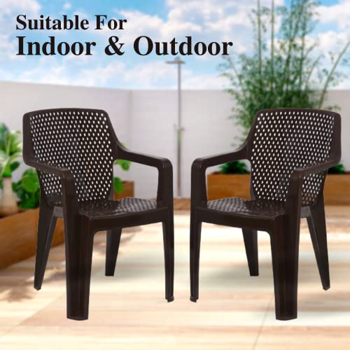 Image of ITALICA Oxy Plastic Arm Chair /Glossy Finish Chair for Outdoor, Indoor, Living Room /Strong & Sturdy Structure Plastic Chair /Outdoor & Indoor Plastic Chair (5214, Brown, Set of 6, LFS)