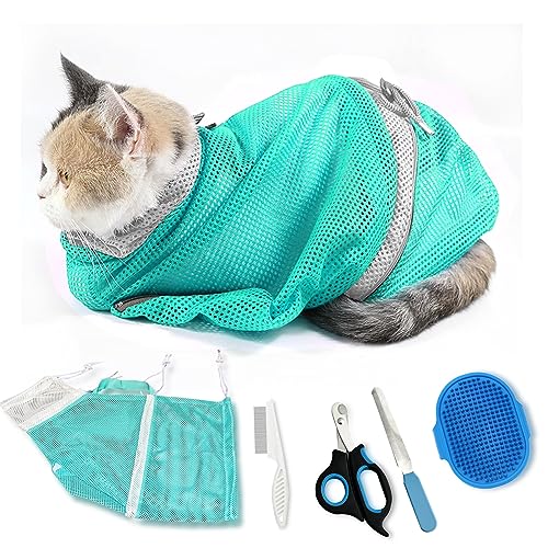 Image of Adjustable Multifunctional Anti-Bite Shower net Bag,Cat Grooming Mesh Bag, Cat Bathing Bag,Cat Bath Brush and Cat Nail Clipper(A-Green)