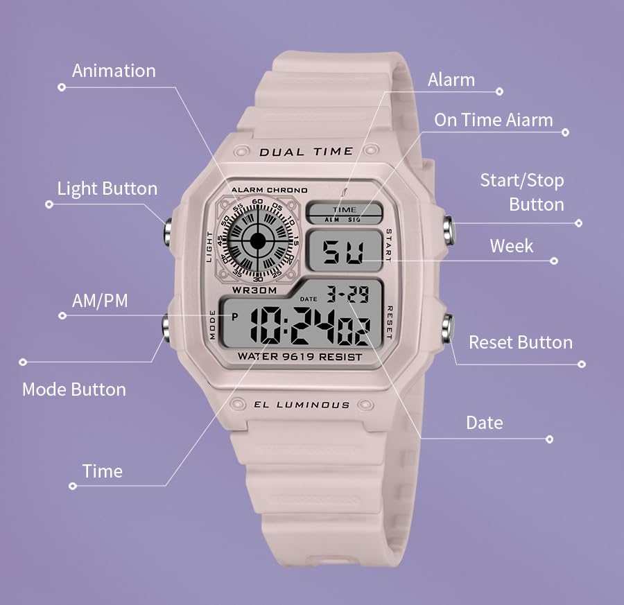 Image of PASOY Men's Digital Multi-Function Watches Dual Time Alarm Stopwatch Countdown Backlight Waterproof Watch