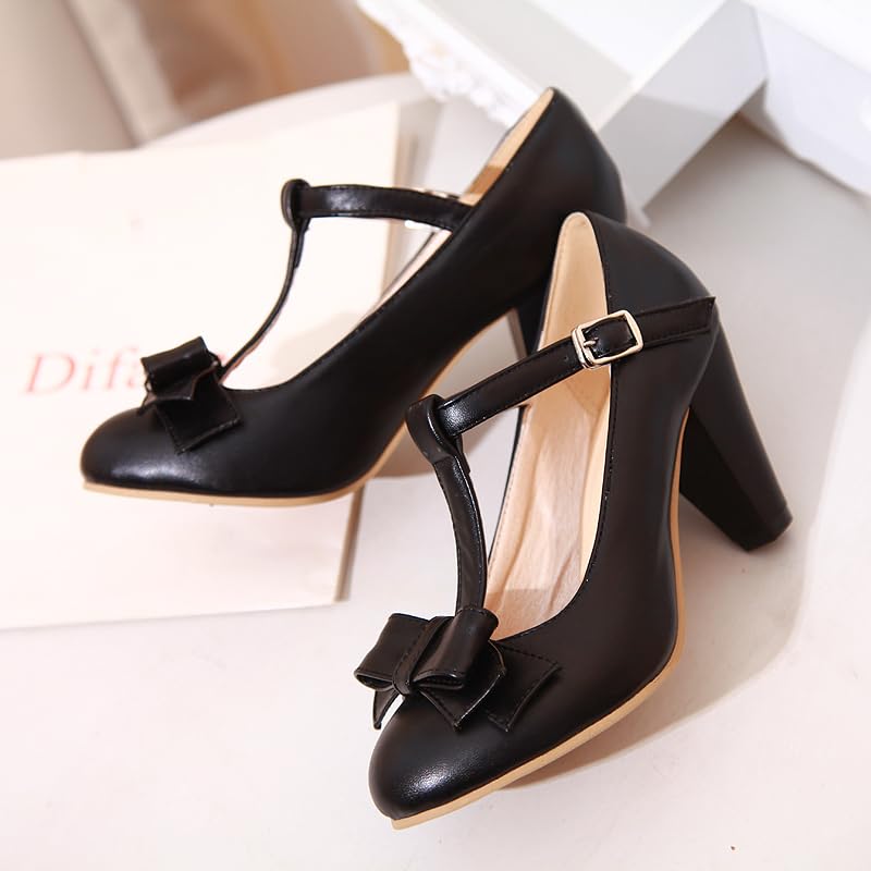 Image of Elbslutt Women's Cute Retro Rockabilly Shoes T Strap Mary Janes Heels Chunky Cosplay Shoes Sweet Block Heeled Bow Pumps